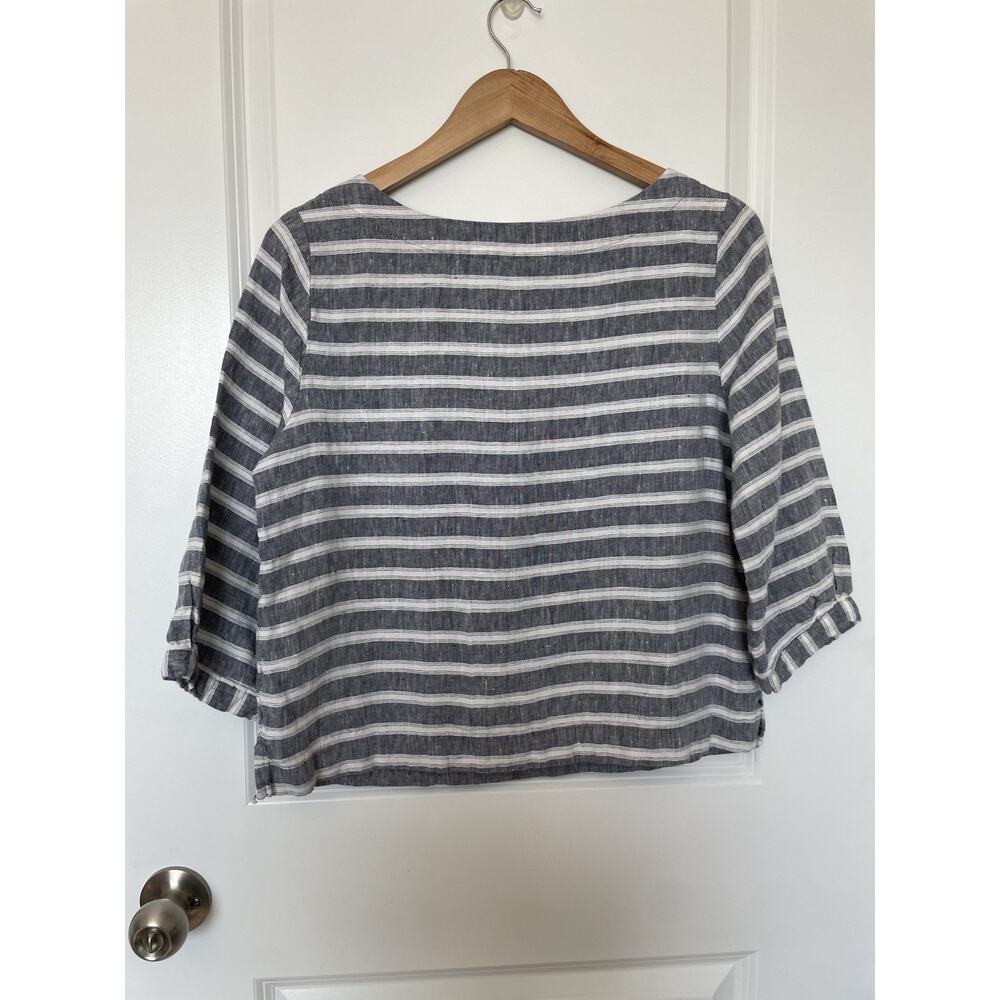 Christian Siriano Womens Blouse Top Size Med Blue White Striped Linen 3/4 Sleeve